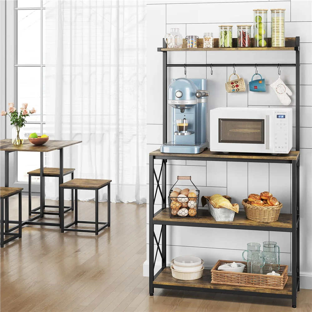 SmileMart 4-Tier Bakers Rack Kitchen Storage Shelf with S-Hooks, Rustic Brown