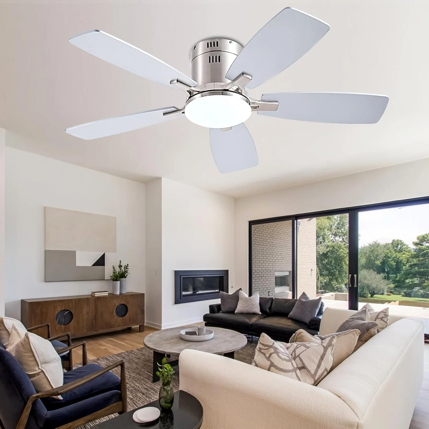 42 Inch Low Profile Ceiling Fans with Lights and Remote, Flush Mount Modern Ceiling Fan, 3 CC T DC Ceiling Fan for Bedroom, Living Room, Brushed Nickel