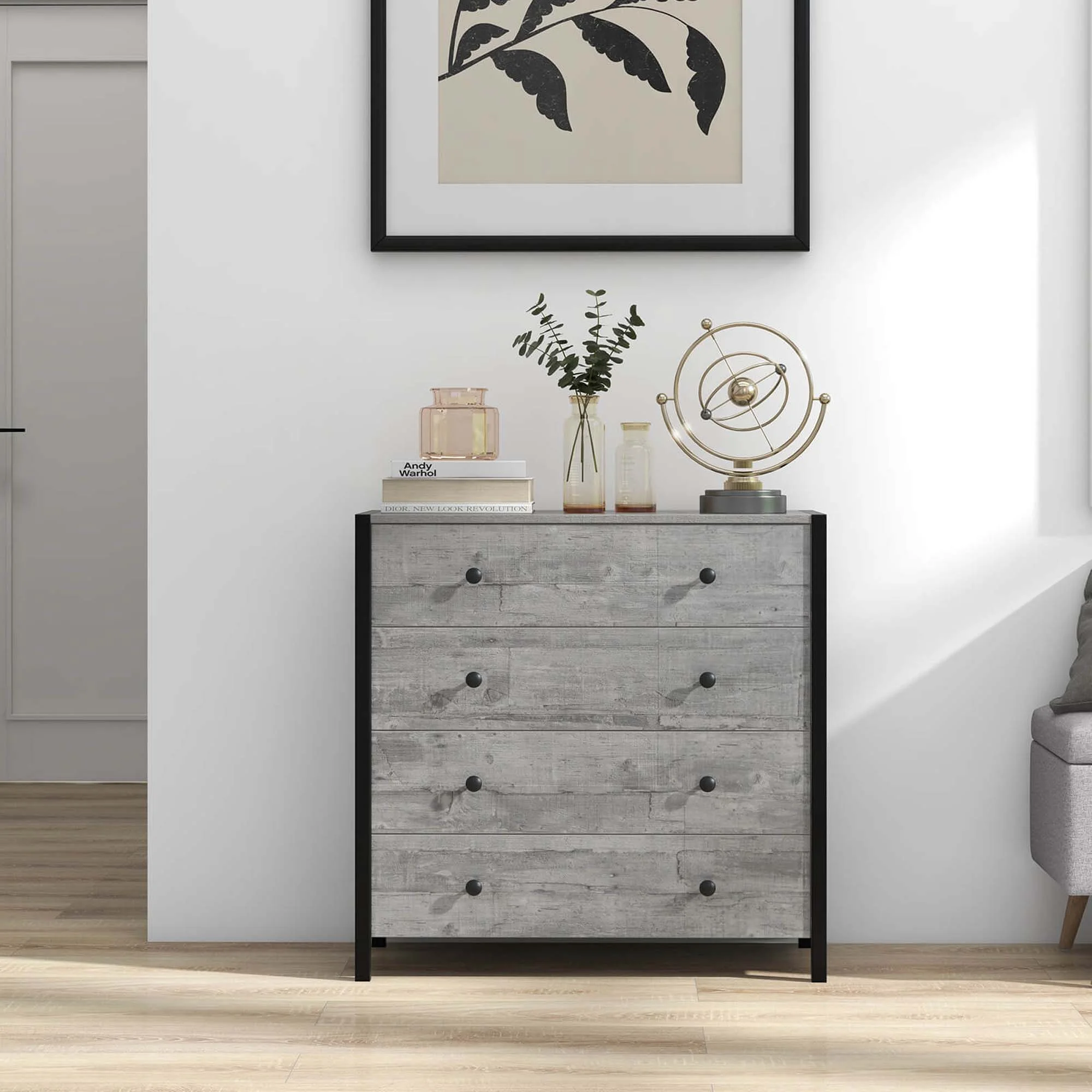 Costway 4-Drawer Dresser Modern Chest of Drawers Wooden Storage Dresser Grey