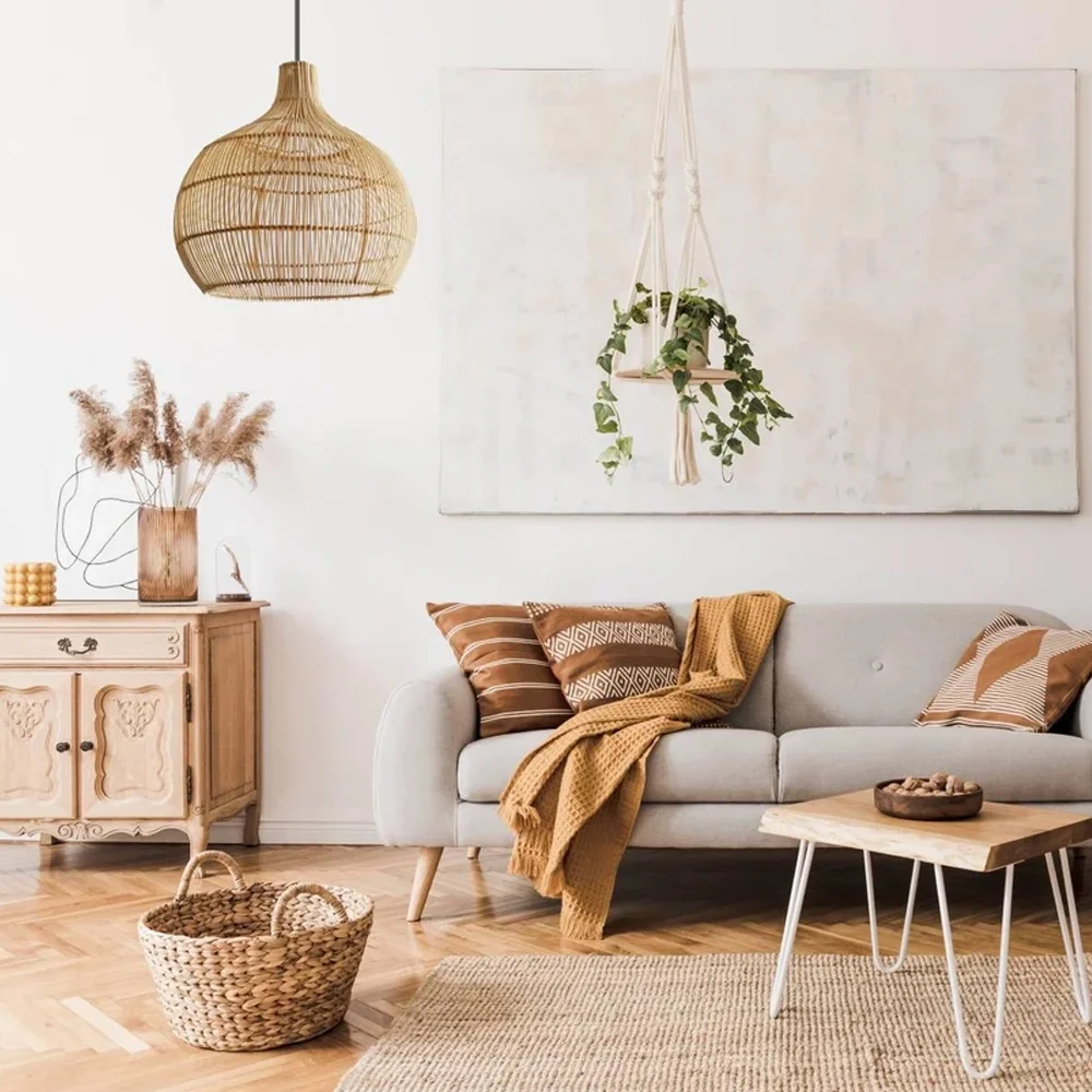 Arturesthome Boho Home Decor Kitchen Island Rattan Bamboo Pendant Light Basket Weave Linear Chandelier