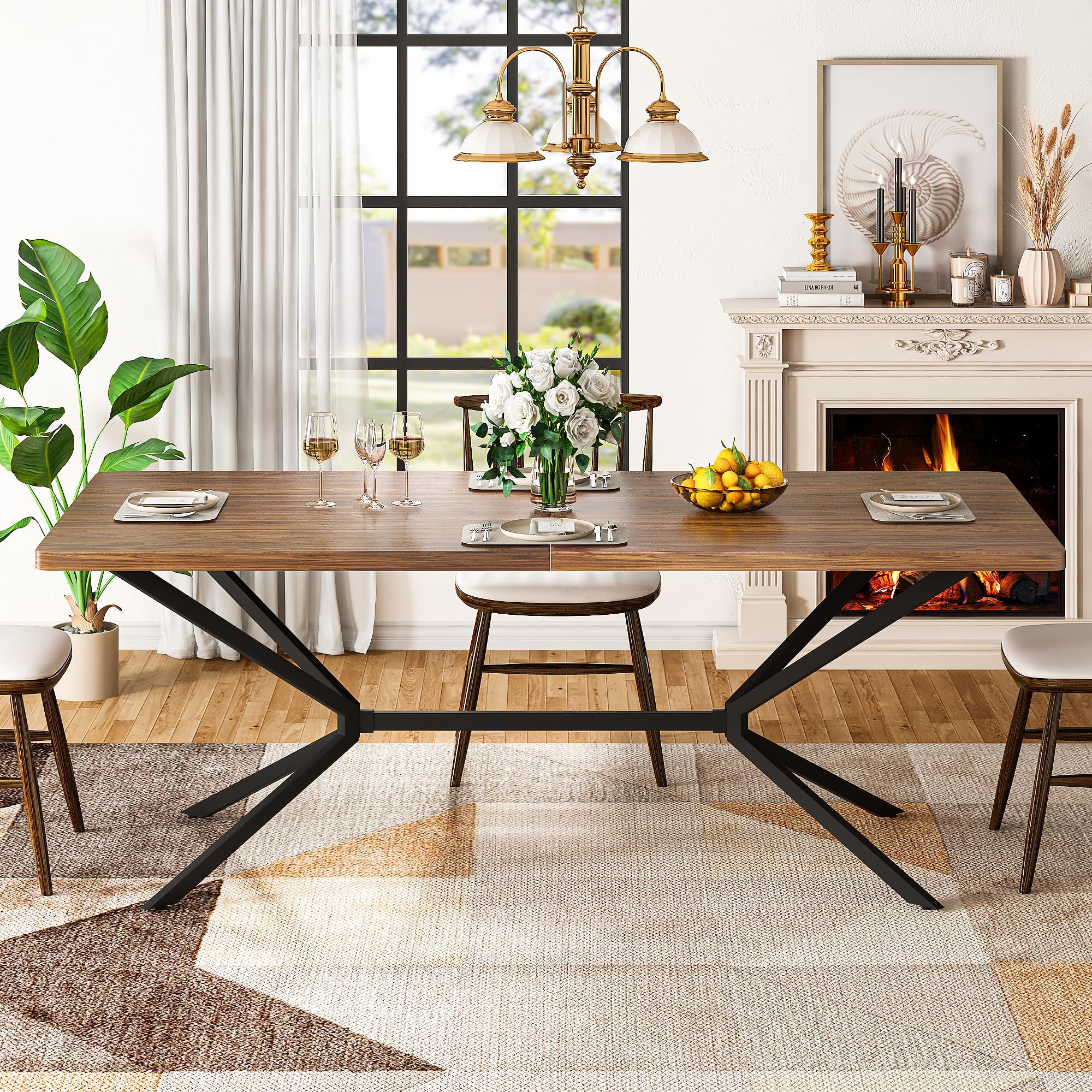 Baxluxe Mid Century Modern Dining Table 70.8 Inch, 6-8 Person Rectangular Kitchen Table with X-Shaped Metal Legs, Wooden Surface Coffee Tables for Living Room, Dining Room, Breakfast Nook, Brown
