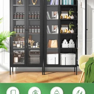 SUNCROWN Metal Storage Cabinet, Curio Display Cabinet with 2 Glass Display Door and 4 Shelves, Side Storage Organize, Modern Bookshelf Cabinet for livingroom, Bedroom, Kitchen, Black