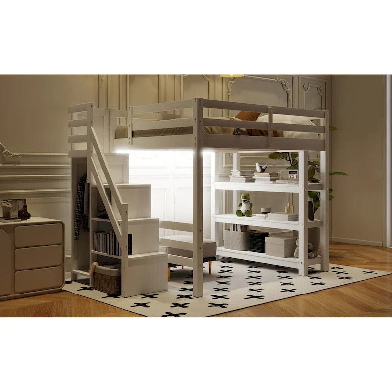 Full/Twin Loft Bed with Storage Stairs - Shelves, Wardrobe & LED Light, Space-Saving Design