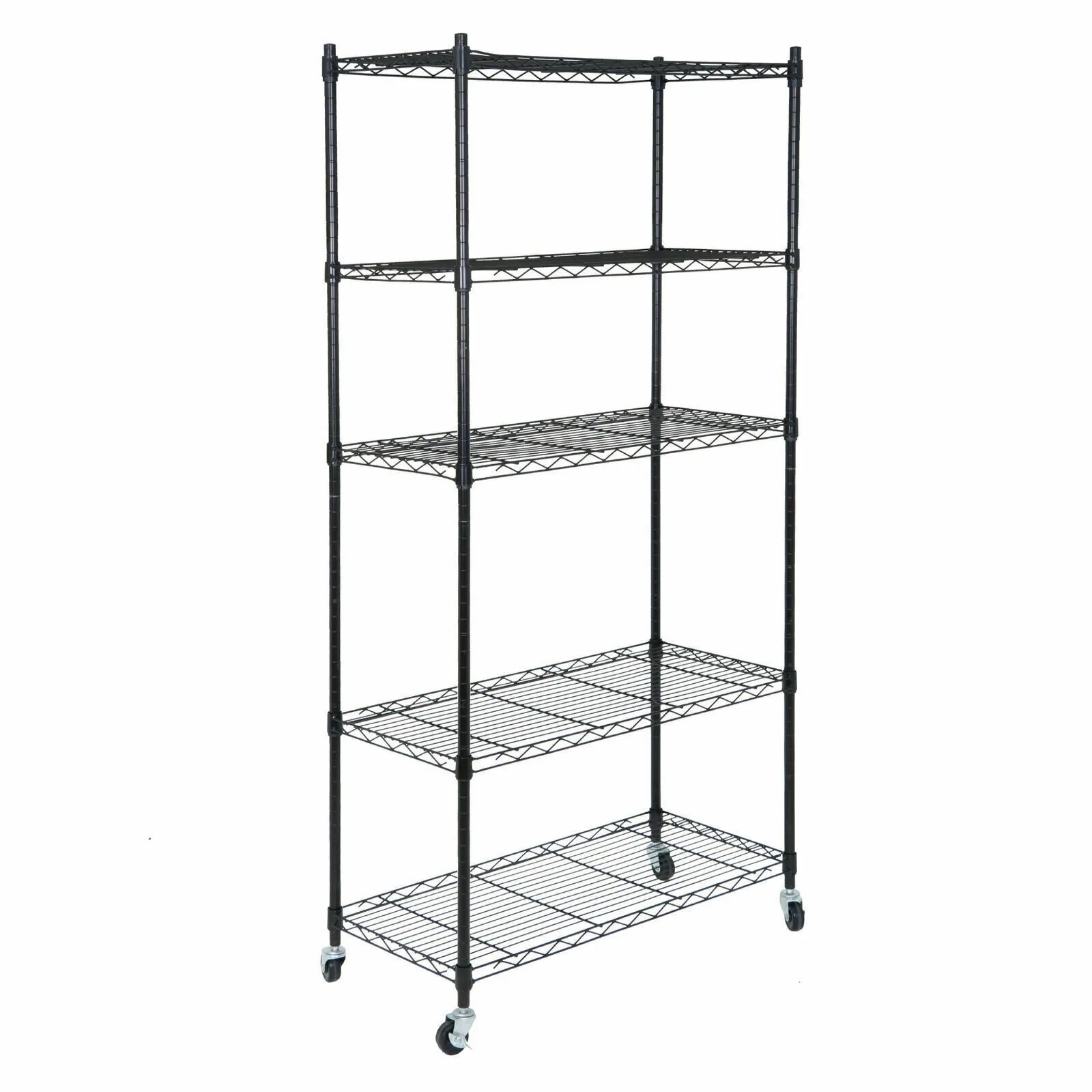 Brezey Set of 2 5-Shelf Wire Tier Layer Shelving Units with 4 Rolling Wheel Casters - Heavy-Duty Space-Saving Storage Solution, Dimensions: 30.1-(L)x14.2"(W)x63"(H)