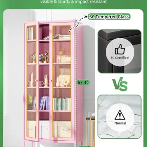 SUNCROWN Metal Storage Cabinet, Curio Display Cabinet with 2 Glass Display Door and 4 Shelves, Side Storage Organize, Modern Bookshelf Cabinet for livingroom, Bedroom, Kitchen, Black