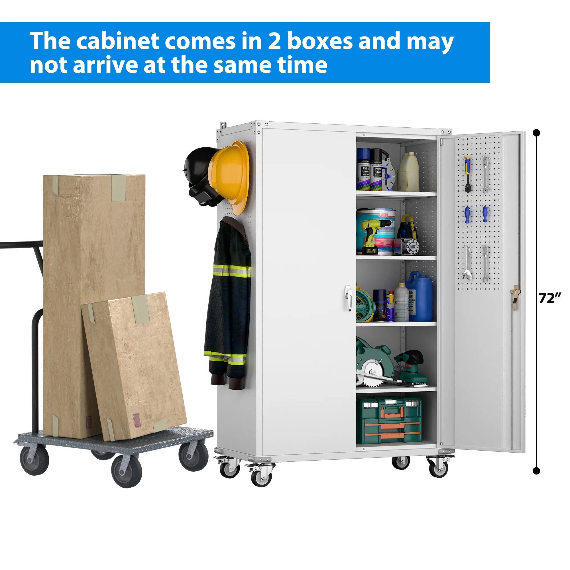 GangMei 71-Inch Metal Lockable Storage Cabinet with Pegboards and 5 adjustable shelves, White, Assembly Required
