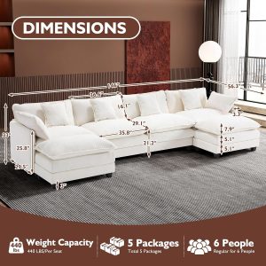Ihanherry 146" U-Shaped Modern Sofa Modular Sectional Cloud Couch with 2 Ottoman, 6-Seat Chenille Deep Seat Sofa with 6 Pillows for Living Room, Bedroom and Apartment, Grey