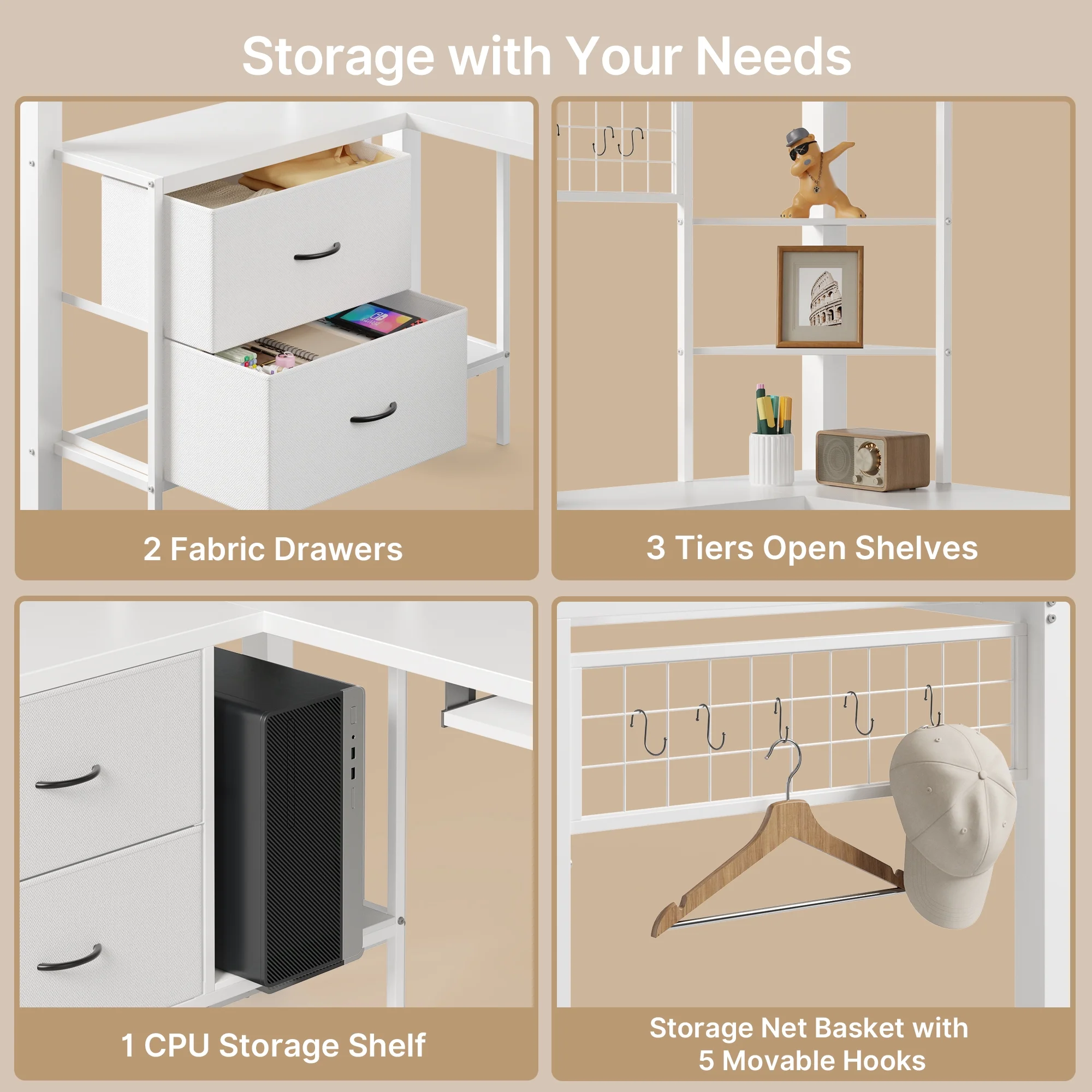 Loft Bed Frame with L-Shaped Writing Desk with Storage Drawers and Shelves, Lofka Twin Metal Bed with LED Lights and Charging Station, Retro Brown Board