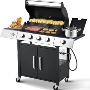 Upgraded 4 Burner BBQ Propane Gas Grill with Cast Iron Grates & Side Stove, 44,000 BTU Stainless Steel Burner Barbecue Grill for Patio, Camping, Outdoor Cooking.