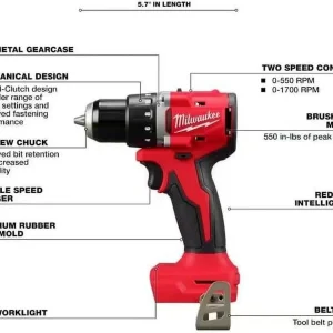 Milwaukee 3601-20 M118 18V Lithium-Ion Brushless Cordless 1/2 in. Compact Drill/Driver (Tool Only), Red C55