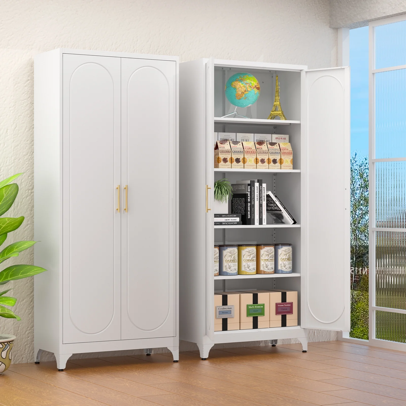 Polup White 75" H Modern Kitchen Storage Cabinet with Doors and Adjustable Shelves