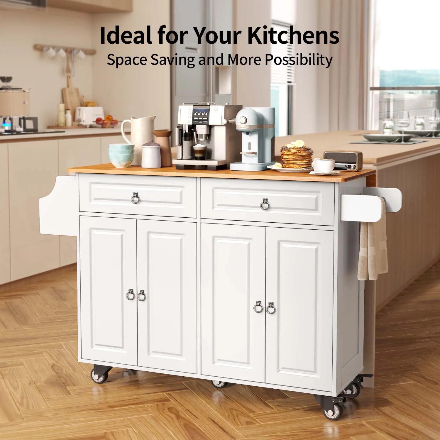 Lofka 52-Inch Kitchen Island with Storage on Wheels with Wood Drop Leaf, Ideal for Small Kitchens