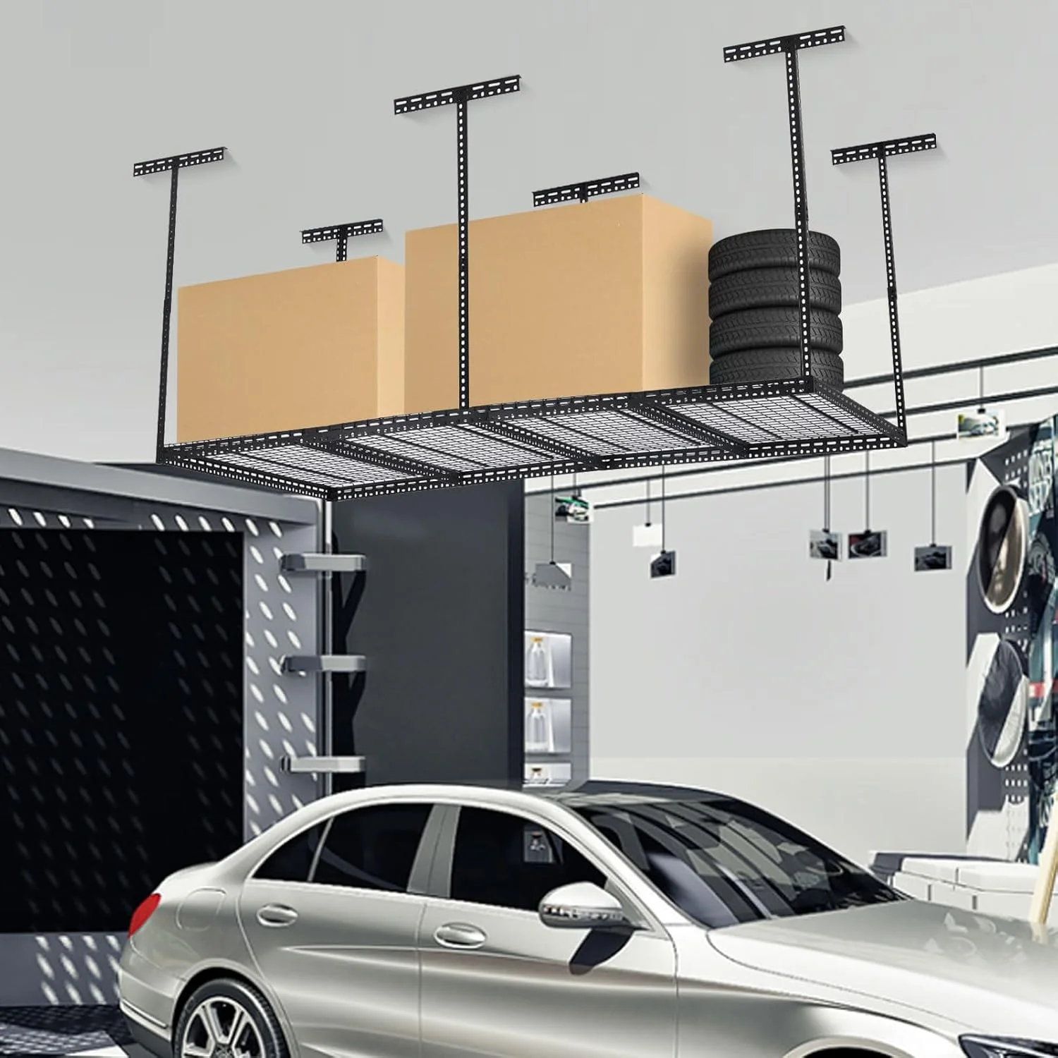 Pinypikaka 4'x8' Overhead Garage Storage Rack, 22"-40" Height Adjustable Ceiling Storage Rack 660lbs Weight Capacity, Heavy Duty Hanging Storage Shelves for Garage, Attic, Basement