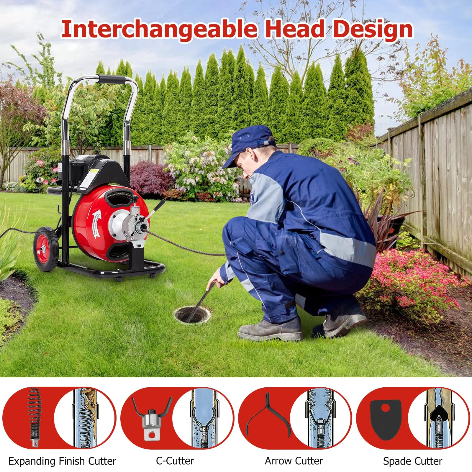 Electric Drain Cleaning Machine , Powerful Electric Auger, Sewer Snake with 4 Cutters, Air-Activated Foot Switch, and Wheels