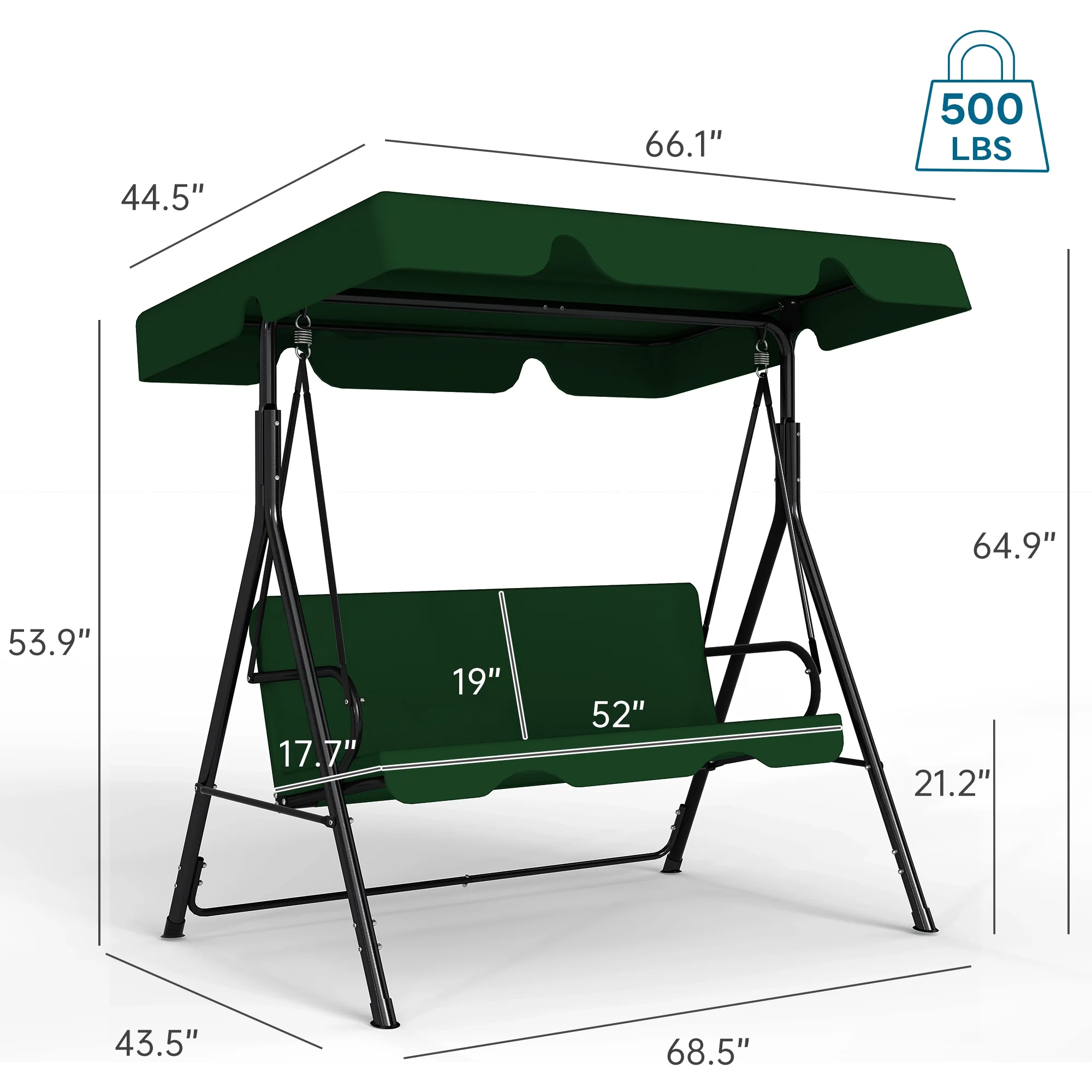 Melocadol 3 Seats Outdoor Porch Swing Glider, Patio Swing Chair with All Weather Covered Canopy and Rust Proof Heavy Duty Stand, for Garden, Lawn, or Backyard, Black