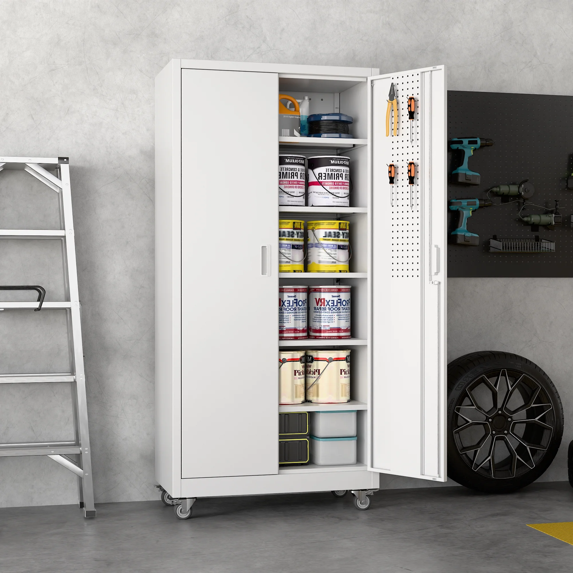 GangMei 71-Inch Metal Lockable Storage Cabinet with Pegboards and 5 adjustable shelves, White, Assembly Required