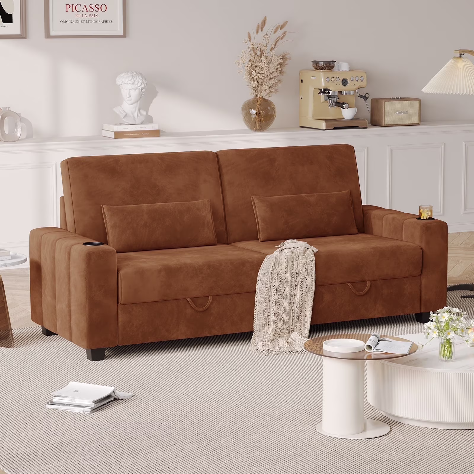 87-Large Loveseat Sofa, 3 Seater Couch with Storage, Velvet Fabric Deep Seat Sofa with Pillow& Cup Holders, Modern Comfy Sofa with USB& Type-C Ports, Home Sofa Couch for Living Room Bedroom