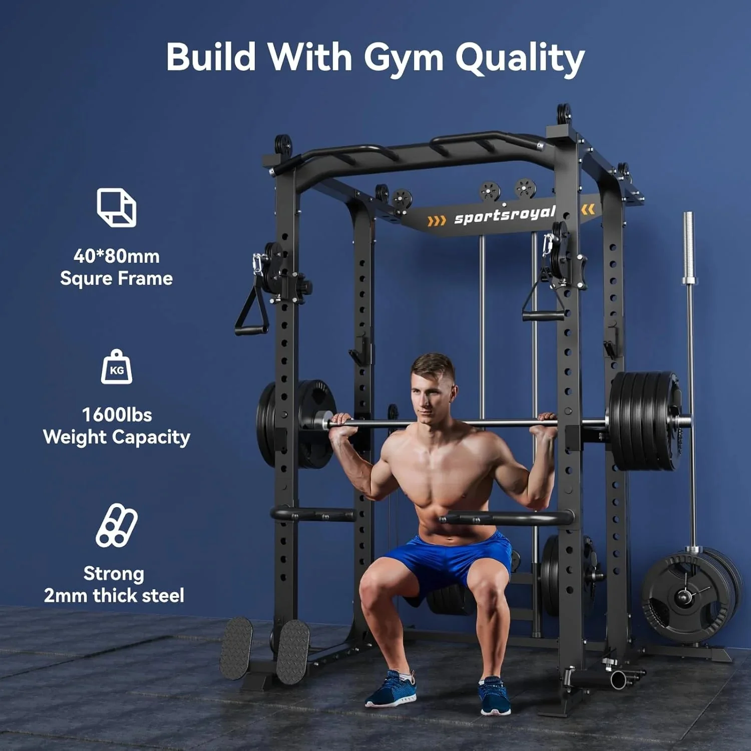 Sportsroyals Power Cage,1600lbs Multi-Function Power Rack with Adjustable Cable Crossover System and More Training Attachment, Weight Cage for Home Gym