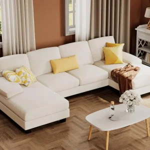 Furmax Sectional Couches for Living Room, U-Shaped Sofa Couch with Linen Fabric, 4 Seat Sofa Set with Double Chaise for Apartment (Fabric, Grey)