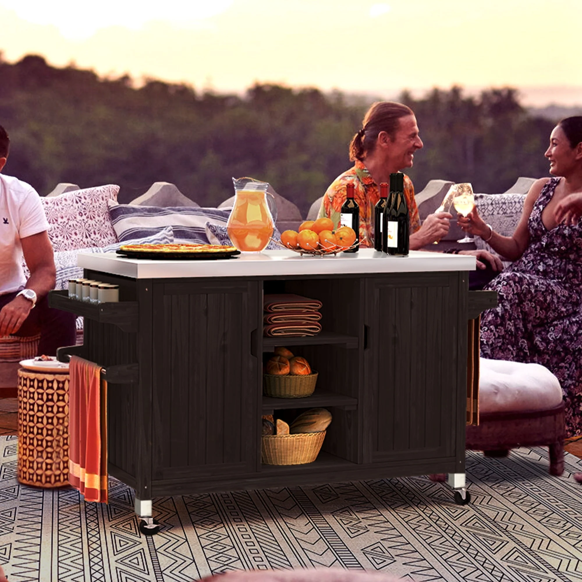 Dextrus XL Solid Wood Outdoor Storage Cabinet - Versatile Movable Outdoor Grill Cart with Stainless Steel Top, Spice Rack, and Side Handle, BBQ Patio Table, Outdoor Small Kitchen Table