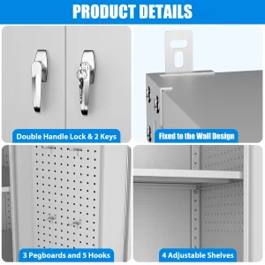 GangMei 71-Inch Metal Lockable Storage Cabinet with Pegboards and 5 adjustable shelves, White, Assembly Required