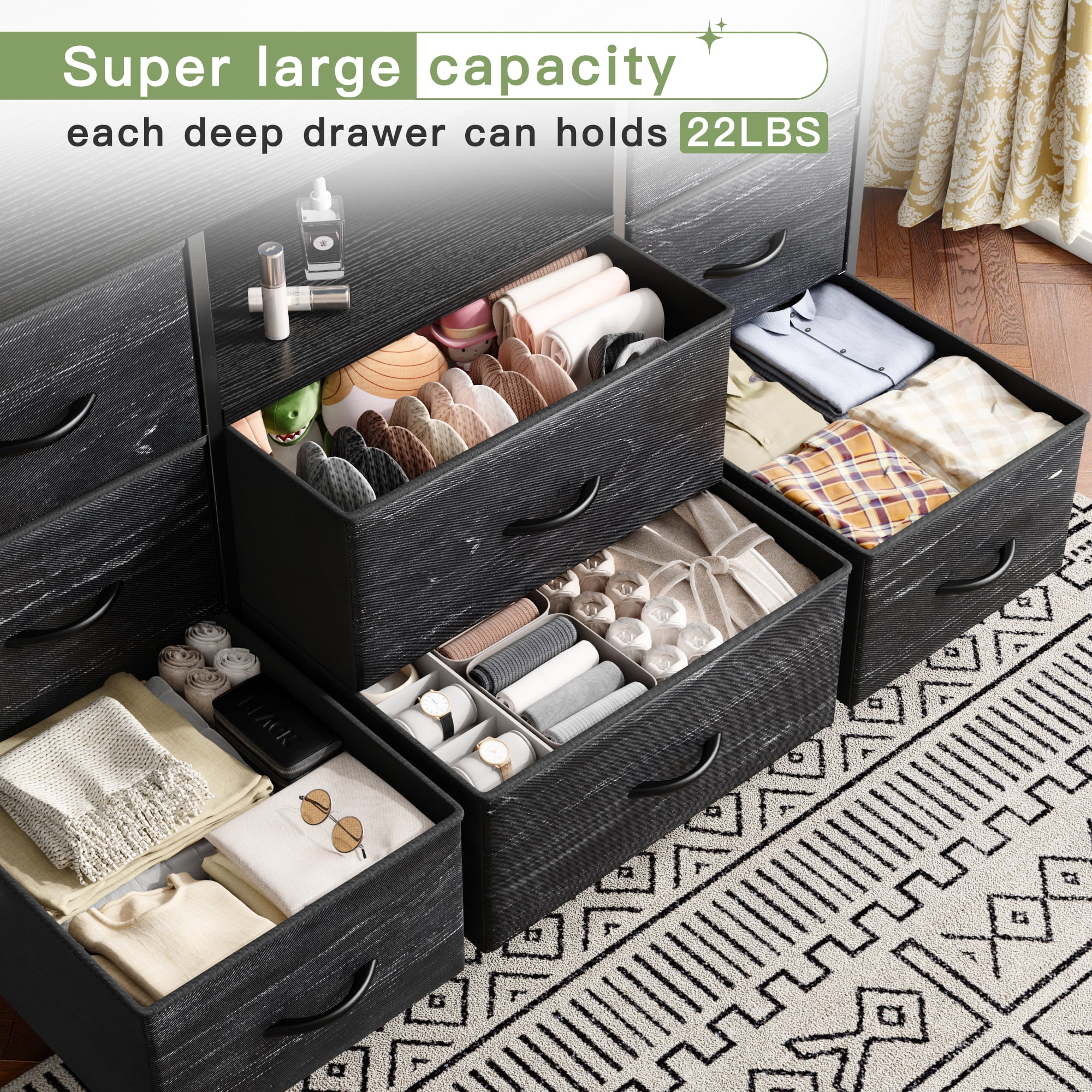 EnHomee Wide Dresser TV Stand with 8 Drawer & Outlet,Dresser for Bedroom Wide Black Dresser & Chests of Drawers Fabric Dressers TV Console Storage Unit for Living Room/Bedroom Furniture, Black