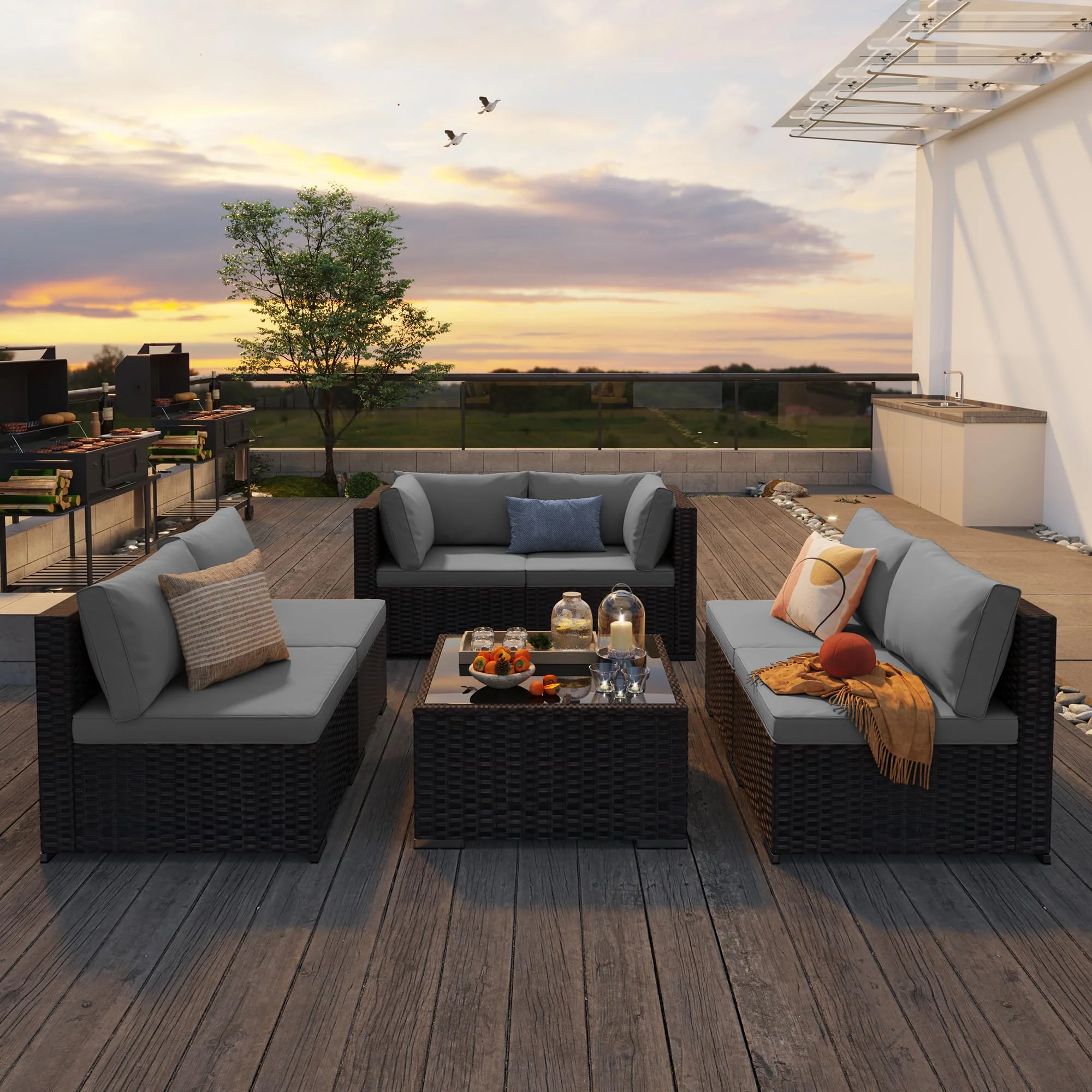 Patio Furniture Set Clearance, Lofka 5 Piece Outdoor Sectional Furniture Chair Set with Cushions and Tea Table, Gray