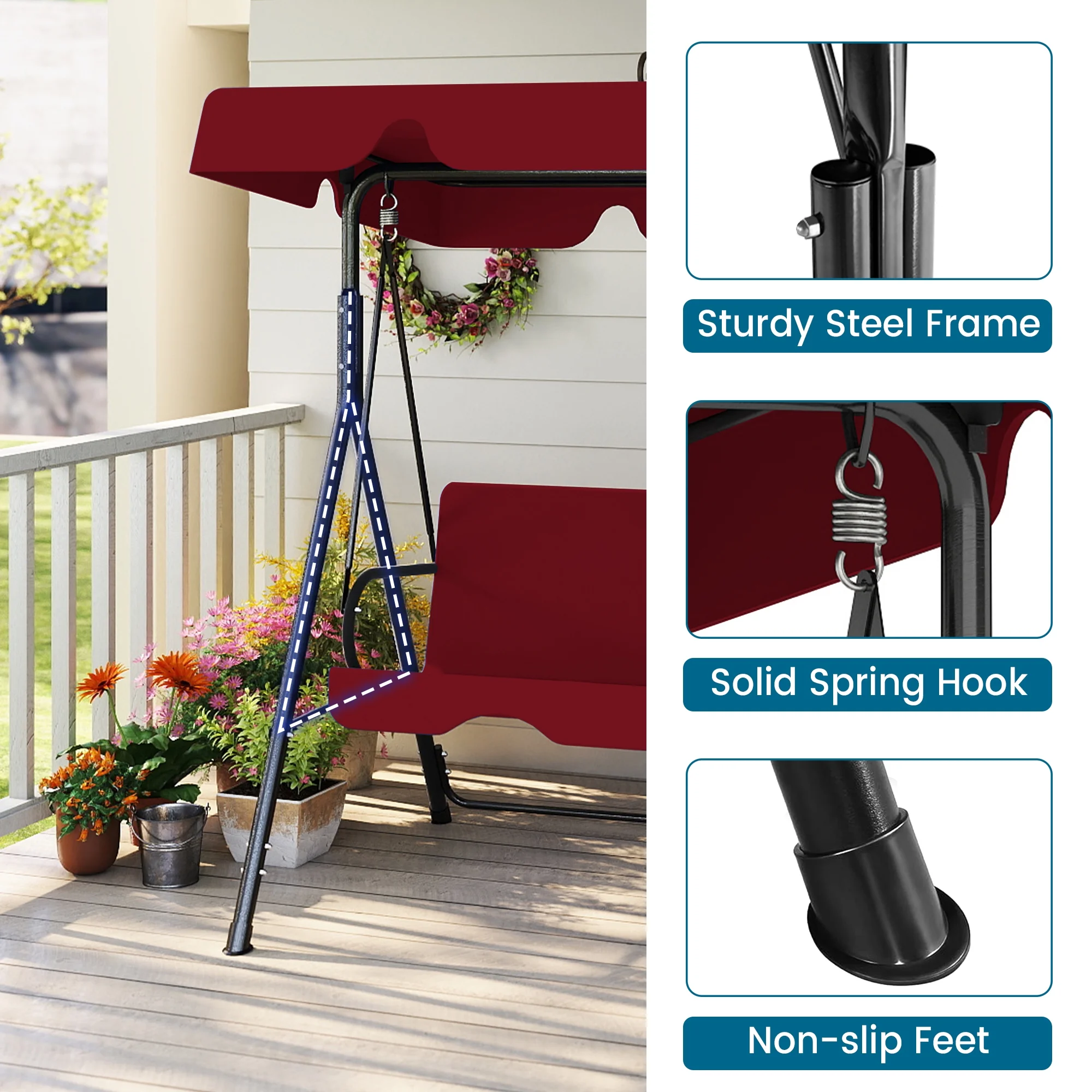 Melocadol 3 Seats Outdoor Porch Swing Glider, Patio Swing Chair with All Weather Covered Canopy and Rust Proof Heavy Duty Stand, for Garden, Lawn, or Backyard, Black