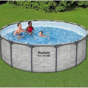Steel Pro MAX 14 Foot x 48 Inch Round Metal Frame Above Ground Outdoor Swimming Pool Set with 1,000 Filter Pump, Ladder, and Cover, Gray