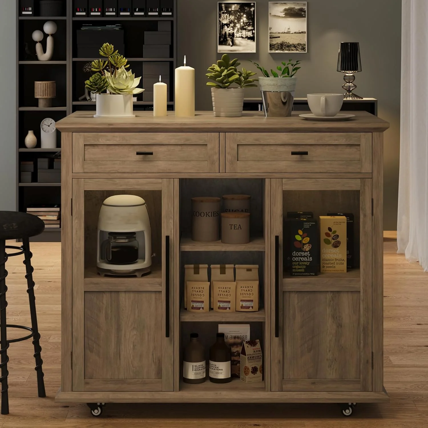 WALYWIK Foldable Kitchen Island Cart with Wheels, 2 Glass Doors, Spice Rack & Towel Holder -C Compact Mobile Storage Cart for Small Kitchens, Dining Rooms, Camping & RVs - Grey