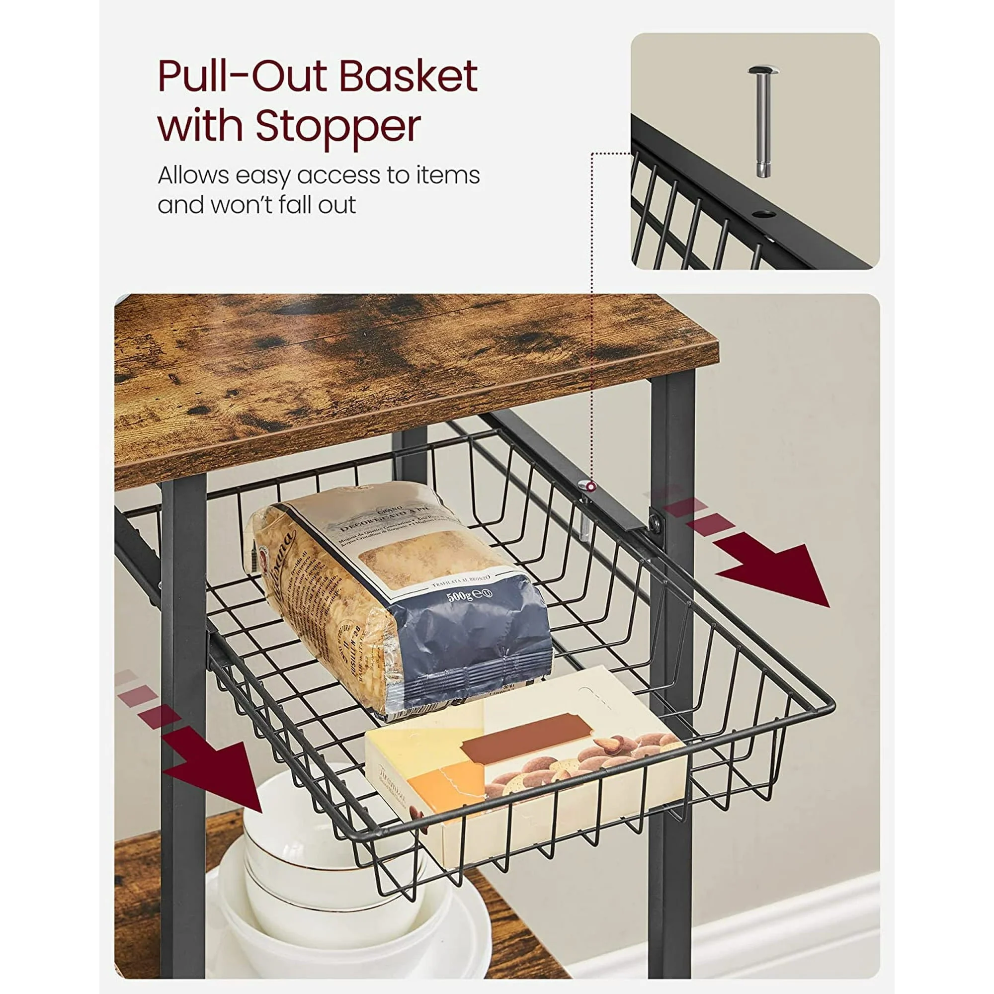 VASAGLE Baker's Rack Microwave Stand Kitchen Storage Rack with Wire Basket 6 Hooks & Shelves for Spices Pots & Pans Rustic Brown and Black Rustic Brown and Black