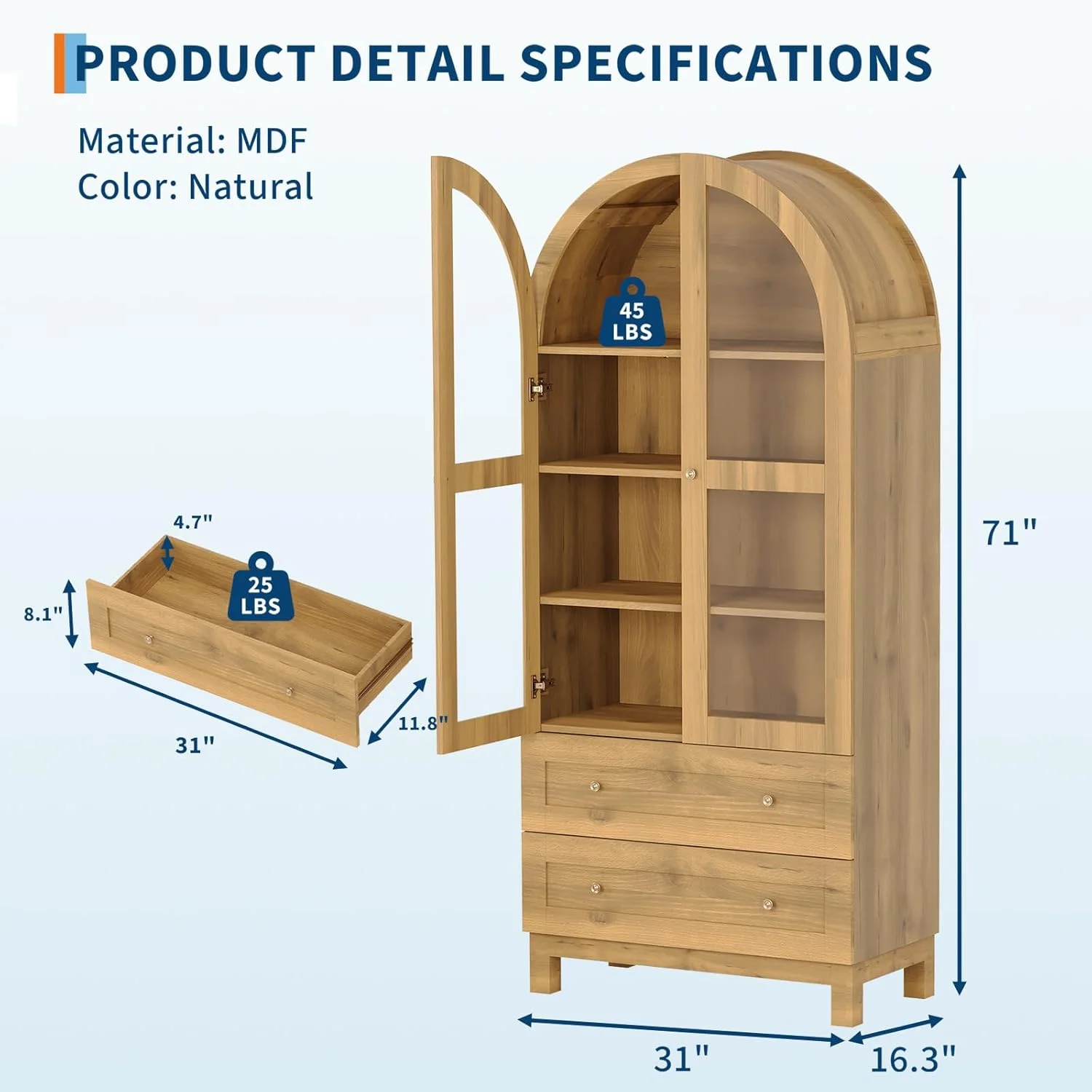 Litake 71" Tall Arched Bookshelf, Modern Bookcase with 2 Drawers, Glass Door and Adjustable Shelf, Wooden Display Cabinet, Versatile Bookshelf Kitchen Storage Pantry for Living Room, Bedroom- Natural