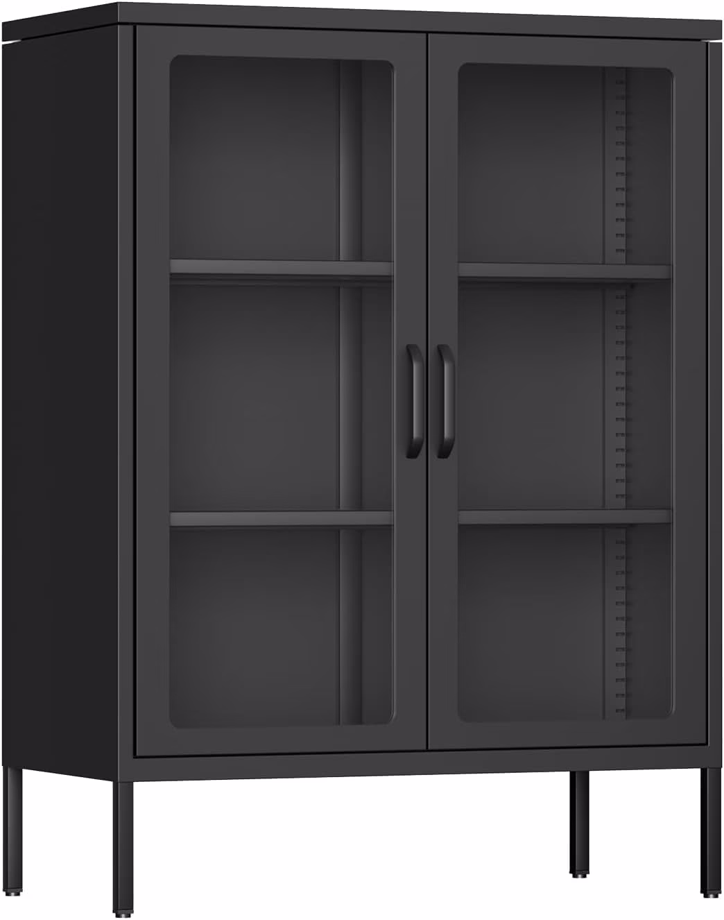 SUNCROWN Metal Storage Cabinet, Curio Display Cabinet with 2 Glass Display Door and 4 Shelves, Side Storage Organize, Modern Bookshelf Cabinet for livingroom, Bedroom, Kitchen, Black