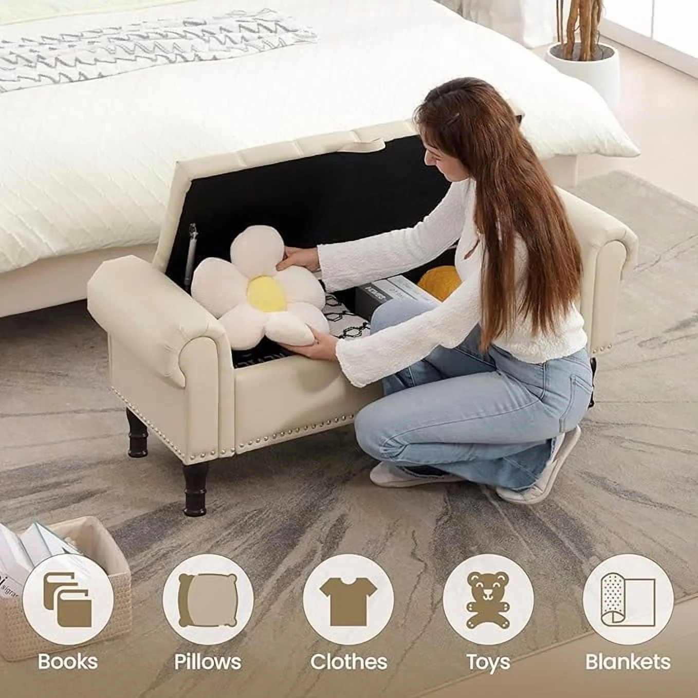 Gelloan Storage Ottoman Bench for Bedroom,Upholstered Bedroom Bench with Rolled Arms and Rivets, Storage Chest for Living Room,Grey,51 Inches