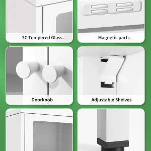 SUNCROWN Metal Storage Cabinet, Curio Display Cabinet with 2 Glass Display Door and 4 Shelves, Side Storage Organize, Modern Bookshelf Cabinet for livingroom, Bedroom, Kitchen, Black