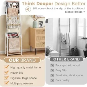 Blanket Ladder, 7 Tier Blanket Ladders for The Living Room,Wooden Ladder Shelf with Hooks, 5.5ft Blanket Holder Rack Farmhouse Ladder Rack for Storage and Home Decor, Rustic Brown and Black