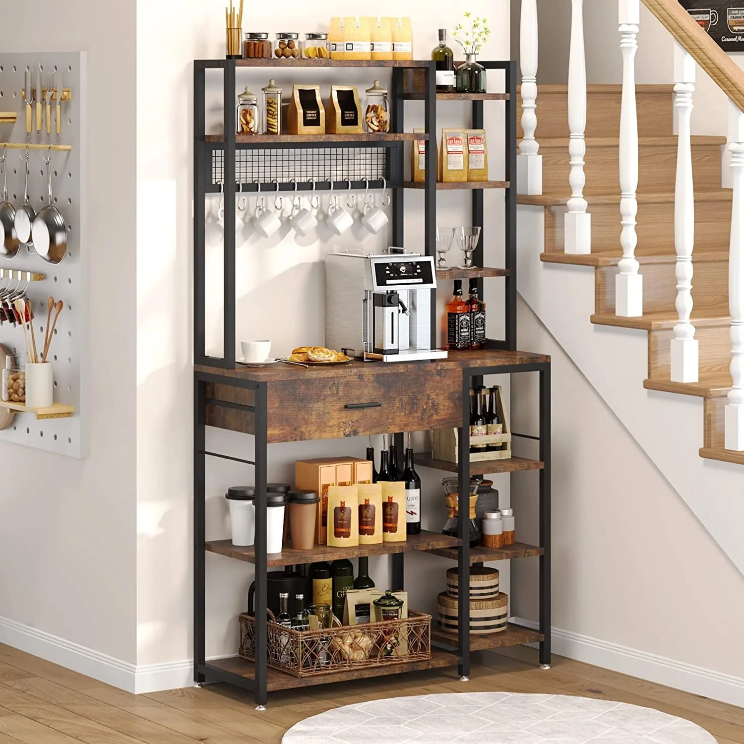 Tribesigns Baker's Rack with Drawer, 70.9 inch Kitchen Storage Shelf with 10 Hooks, Rustic Brown
