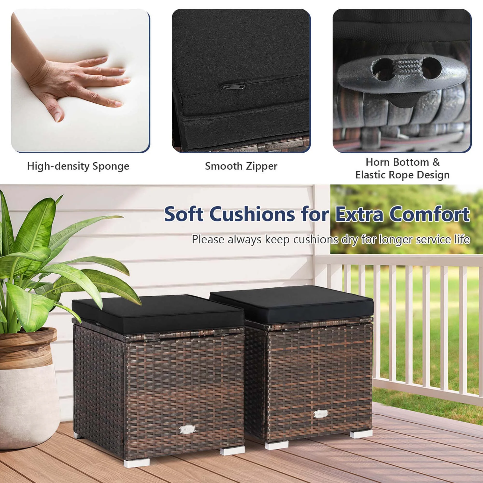 Costway 2PC Patio Rattan Ottoman Seat Side Table Storage Box Footrest Off White