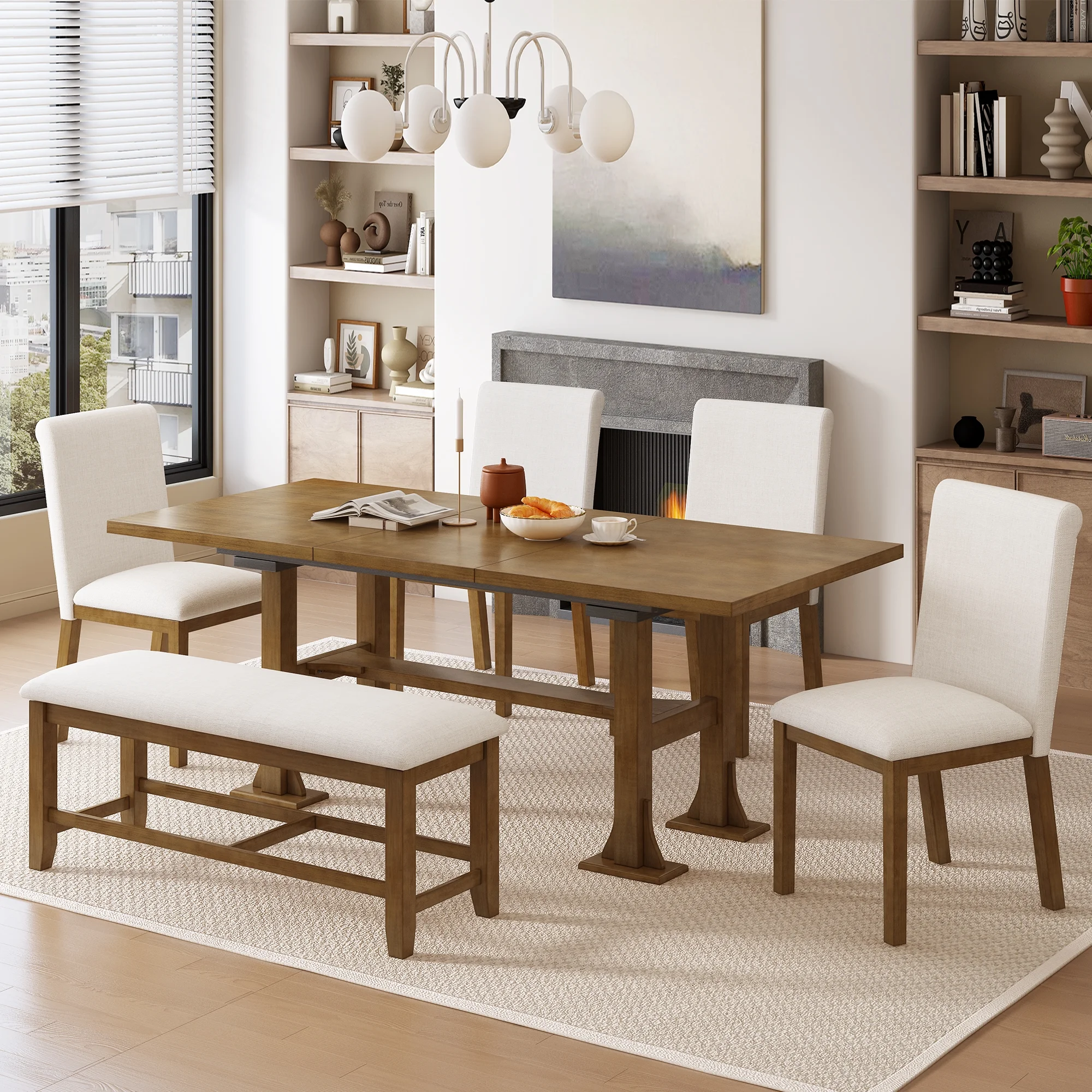 Harper & Bright Designs 6 Pieces Dining Table Set with Bench for 6, Kitchen Table Set with Storage Drawer and 4 Upholstered Dining Chairs, Dark Brown
