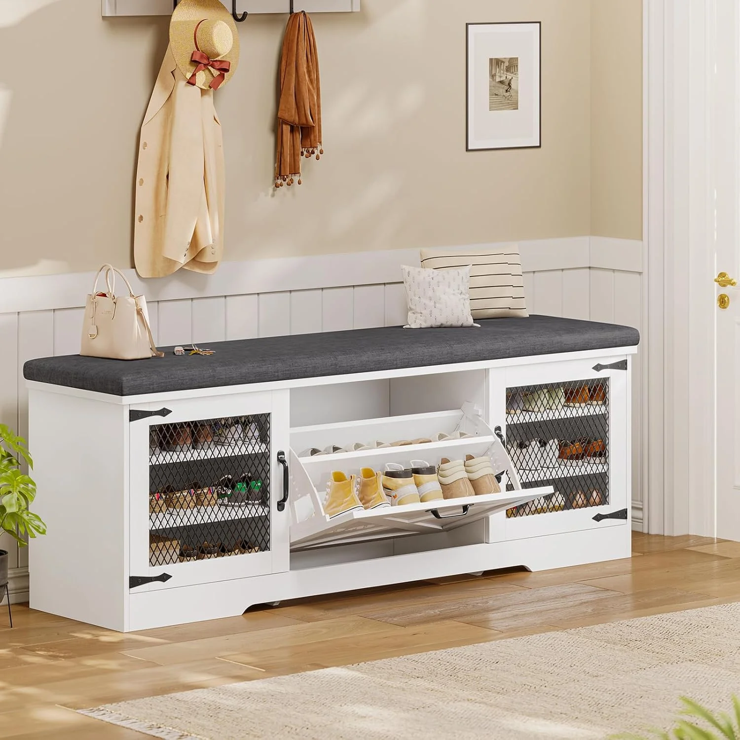 Farmhouse Storage Bench with Cushion, 31.4in Shoe Cabinet with Metal Barn Door and Half Hidden Storage Space for Entryway, Bedroom, Living Room, Old White