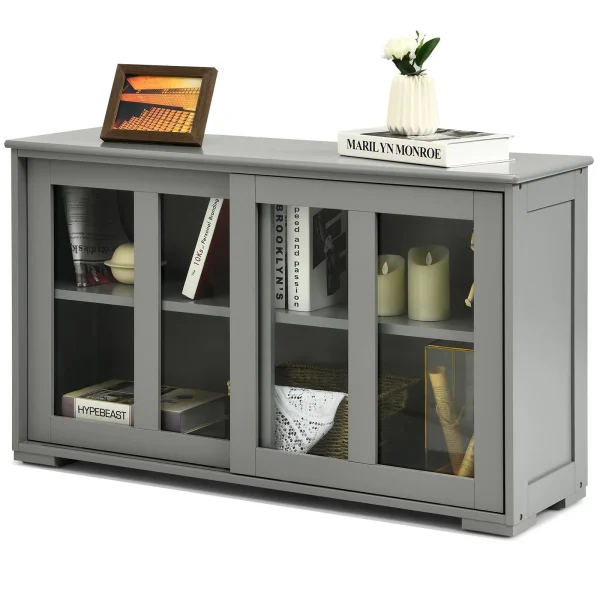 Giantex Stackable Buffet Cabinet, Kitchen Storage Cabinet with Sliding Tempered Glass Doors, Small Sideboard for Kitchen, Dining Room or Living Room, Grey