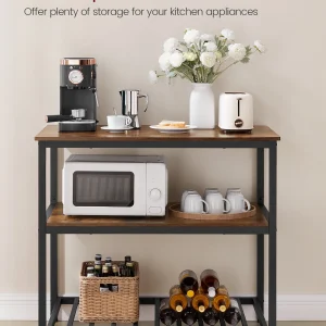 VASAGLE Kitchen Storage Island with 3 Shelves Kitchen Shelf Organizer with Large Worktop Kitchen Baker’s Rack Coffee Bar Rustic Brown & Black