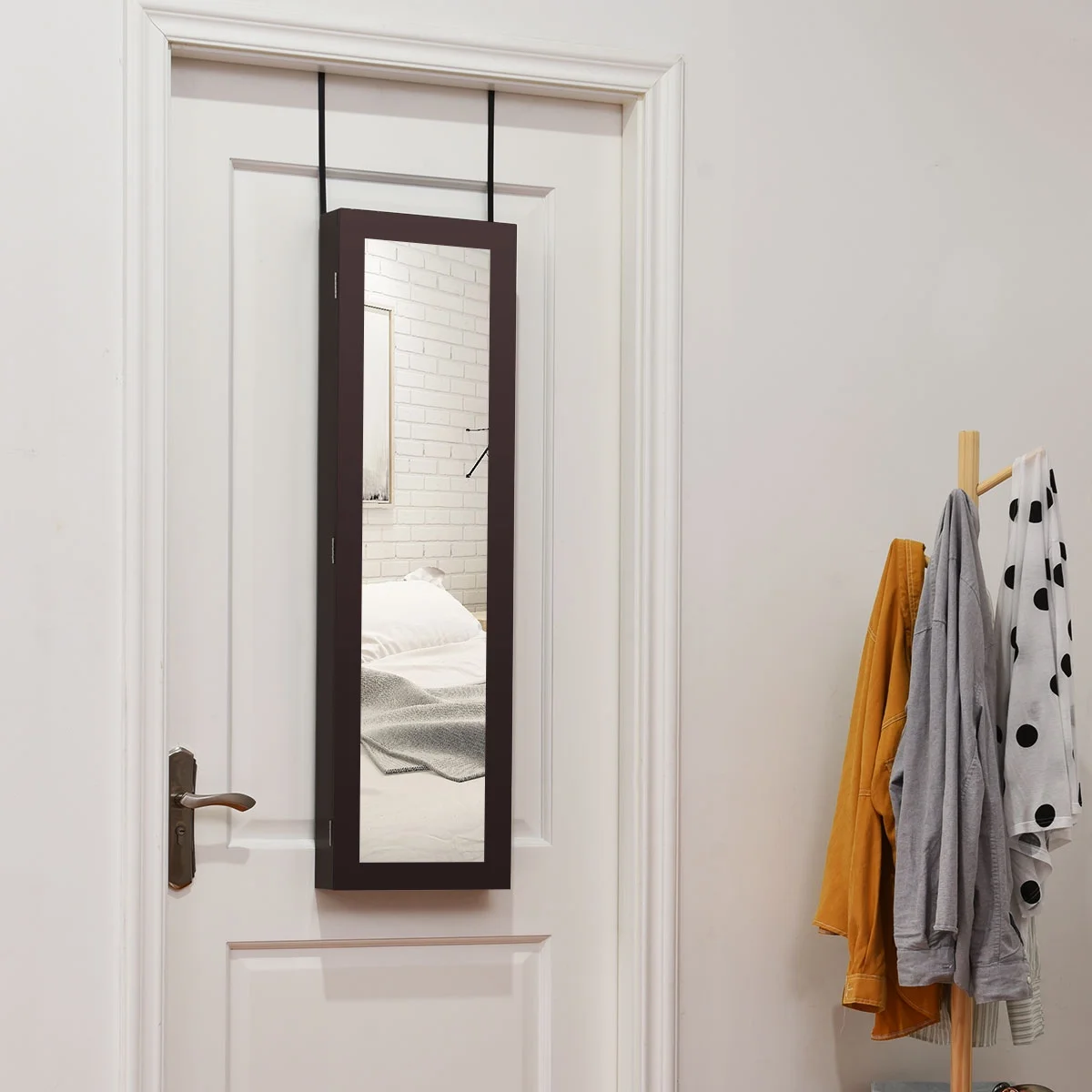 Costway Wall Door Mounted Mirrored Jewelry Cabinet Storage Organizer-Black