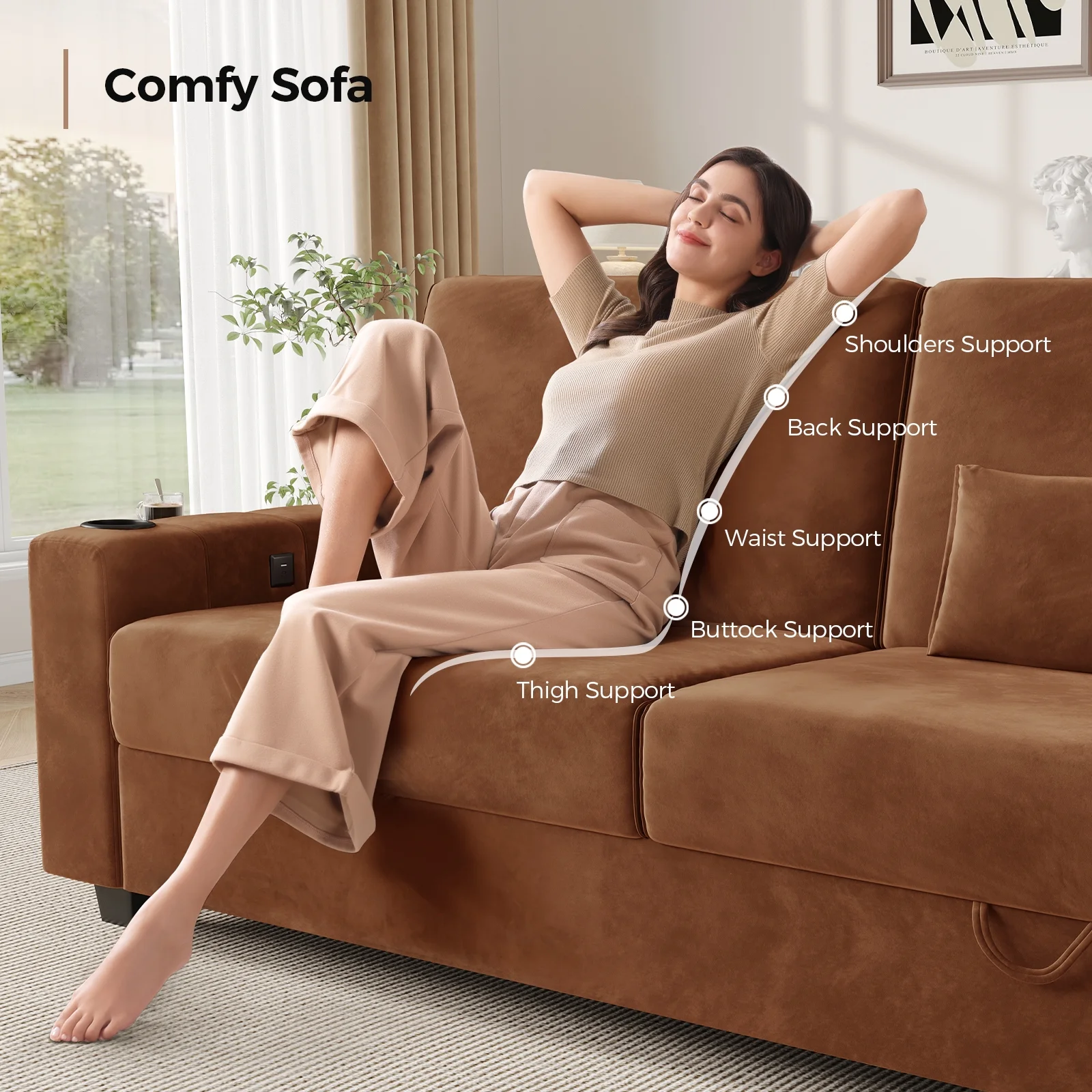 87-Large Loveseat Sofa, 3 Seater Couch with Storage, Velvet Fabric Deep Seat Sofa with Pillow& Cup Holders, Modern Comfy Sofa with USB& Type-C Ports, Home Sofa Couch for Living Room Bedroom