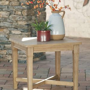 Signature Design by Ashley Clare View Coastal Outdoor Patio Eucalyptus Sofa with Cushions, Beige