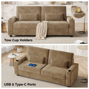 87-Large Loveseat Sofa, 3 Seater Couch with Storage, Velvet Fabric Deep Seat Sofa with Pillow& Cup Holders, Modern Comfy Sofa with USB& Type-C Ports, Home Sofa Couch for Living Room Bedroom