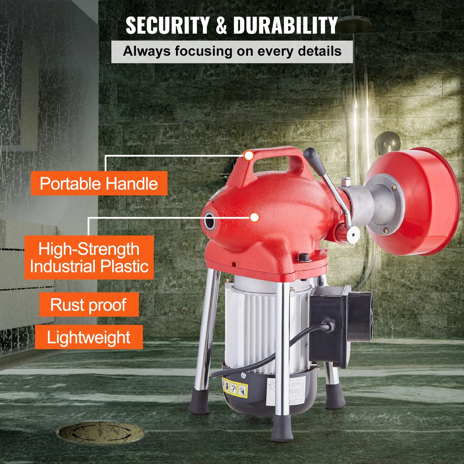 KFFKFF Electric Drain Cleaning Machine, 120FT x 5/8 Inch, 370W, Manual Operation - Includes 3 Steel Cables, 7 Cutting Heads, and Reversible Control for Pipes 1.6" to 4"