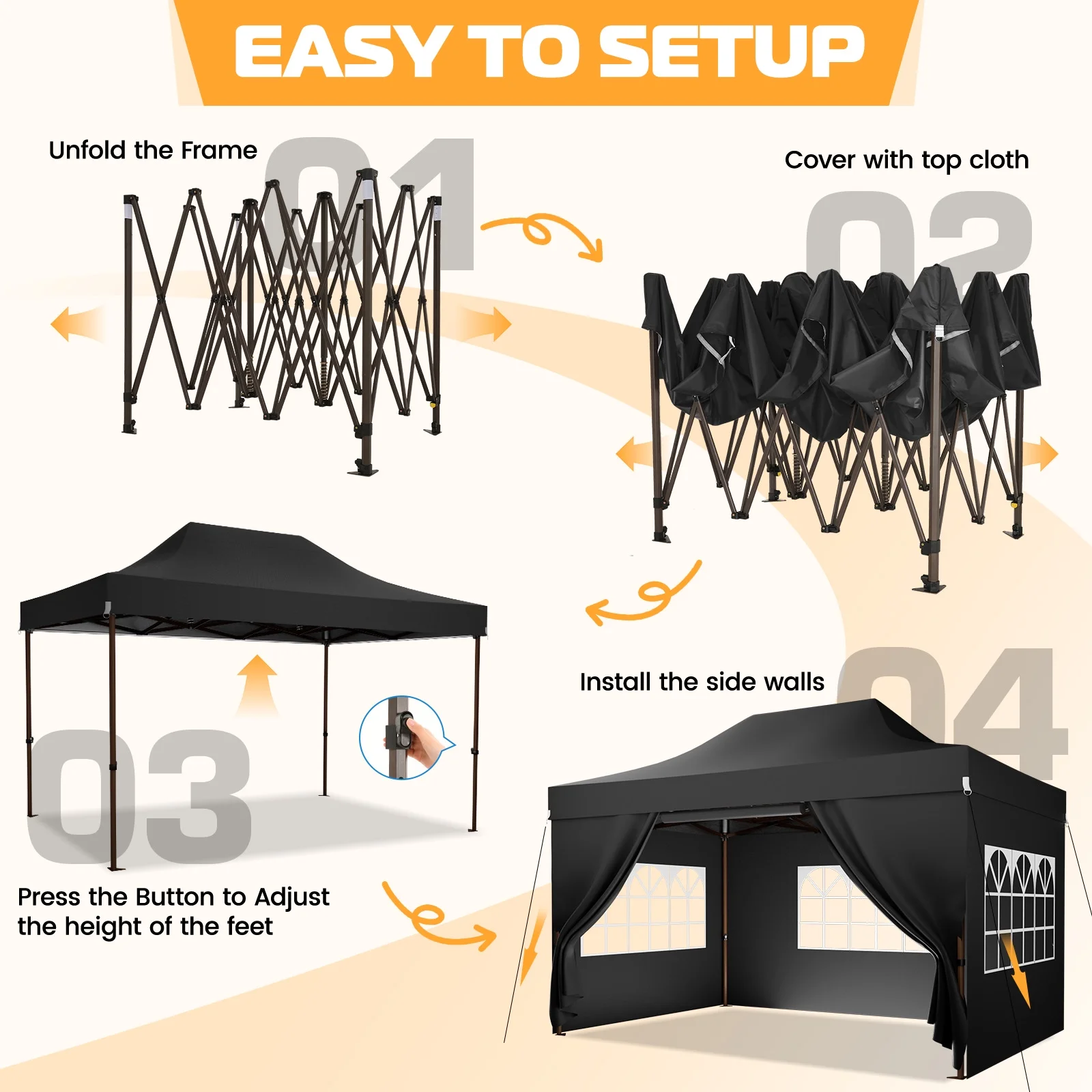 COBIZI 10x15 Pop Up Canopy Tent Heavy Duty with Sidewall, Commercial Outdoor Easy Pop Up Gazebo for Party Wedding All Weather Waterproof UV 50+ with Roller Bag(Leg Upgraded),Black