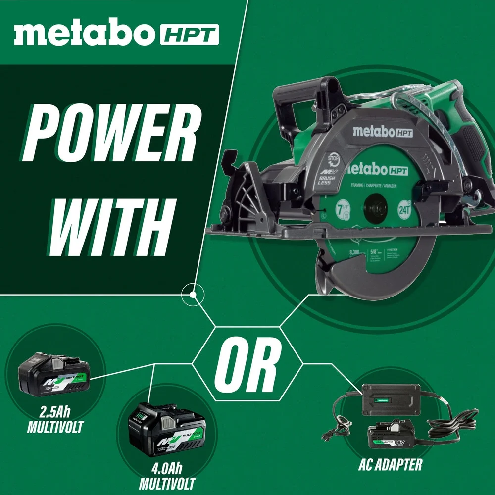 Metabo HPT 36V MultiVolt 7-1/4 Inch Rear Handle Circular Saw, Lightweight Design, Up to 500 2x4 Cuts Per Charge, 53- Adjustable Bevel Capacity, Lifetime Tool Body Warranty, C3607DWA