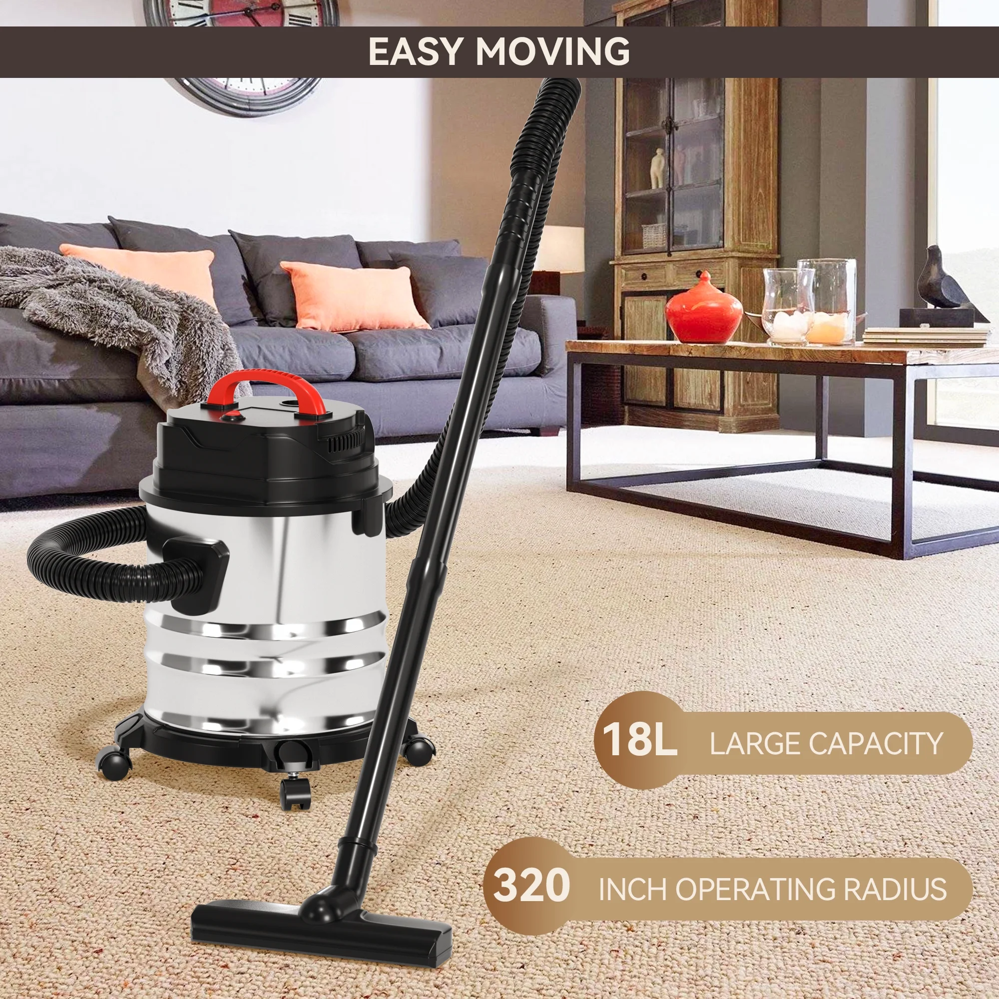 TOPTENG Wet Dry Vacuum Cleaner, 5 Gallon 1800W 6 HP Peak Stainless Steel Shop Vacuum Wet and Dry, with Filter and Attachments for House Garage Workshop Car